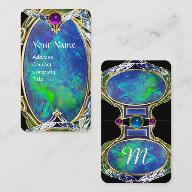 BLUE GREEN OPAL ,ART NOUVEAU GOLD JEWEL MONOGRAM BUSINESS CARD (Front/Back)