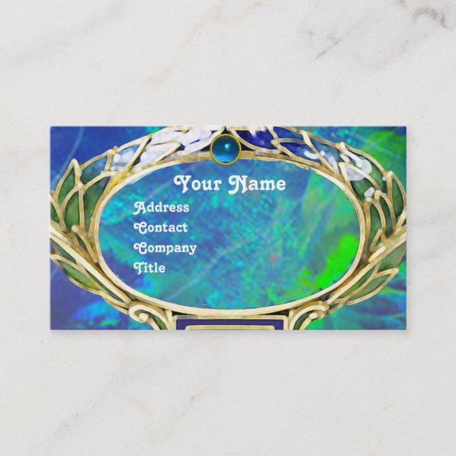 BLUE GREEN OPAL ,ART NOUVEAU GOLD JEWEL MONOGRAM BUSINESS CARD (Front)