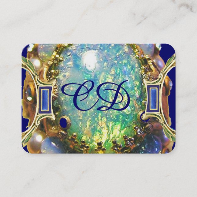 BLUE GREEN OPAL ,ART NOUVEAU GOLD JEWEL MONOGRAM BUSINESS CARD (Front)