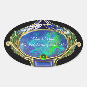 BLUE GREEN OPAL ,ART NOUVEAU GOLD JEWEL Thank you Oval Sticker
