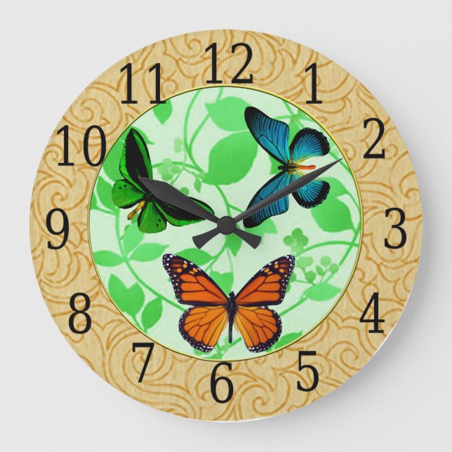 Blue Green Orange Butterflies On Green Leif Clock (Front)