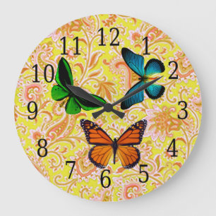 Blue, Green, Orange Butterflies On Paisley Clock
