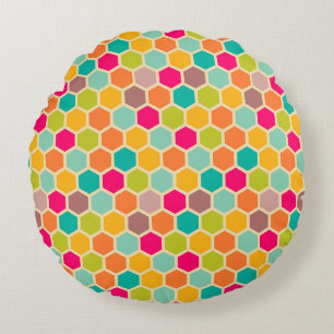 Blue Green Orange honeycomb hexagon retro Round Cushion