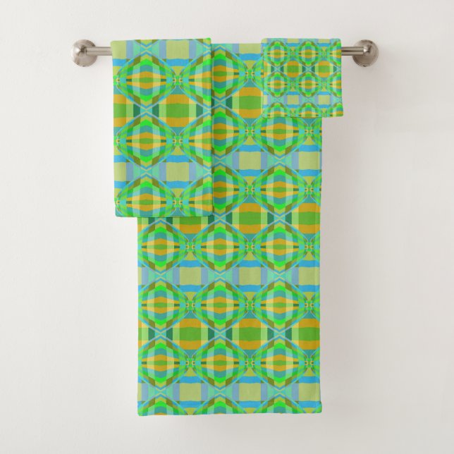 Blue Green Orange Purple Creamy Lattice Pattern  Bath Towel Set (Insitu)