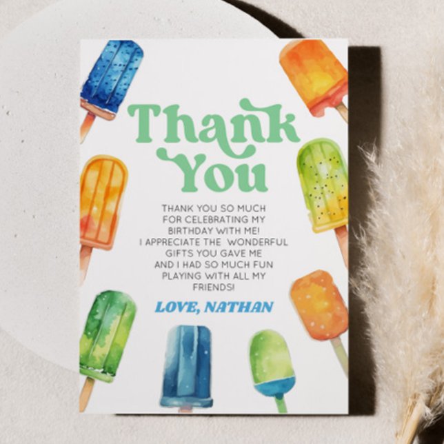 Blue Green Orange Retro Popsicle Birthday Party Thank You Card (Creator Uploaded)