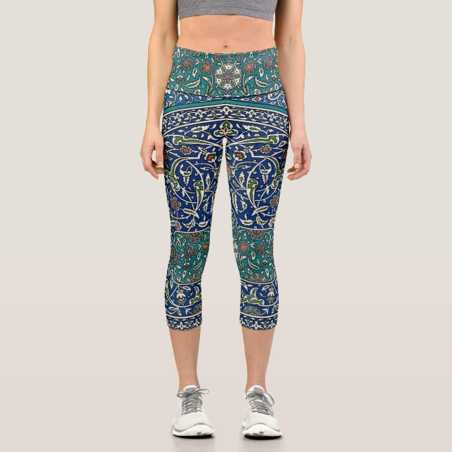 Blue Green Orange Teal Ornate Arabic Pattern Capri Leggings (Front)