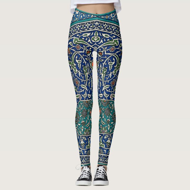 Blue Green Orange Teal Ornate Arabic Pattern Leggings (Front)