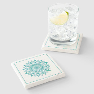 Blue-green ornate circle mandala stone coaster