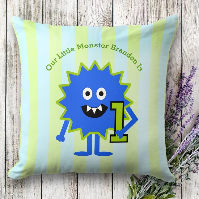 Blue Green Our Little Monster Boy 1st Birthday Cushion (Creator Uploaded)