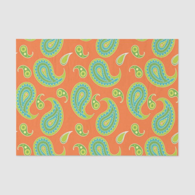 Blue-Green Paisley on Bright Orange Tissue Paper (Front)
