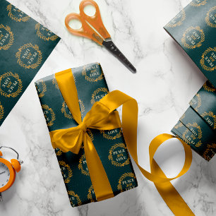 Blue-Green Peace, Joy, Love Gold Christmas Wreath Wrapping Paper