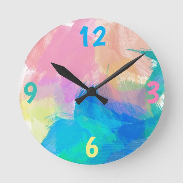 Blue, Green, Peach, Blue Paint Splash Round Clock (Front)