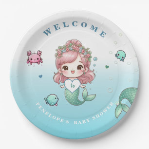 Blue Green Peach Pink Adorable Mermaid Baby Shower Paper Plate