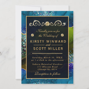 Blue & Green Peacock Agate & gold glitter Wedding Invitation