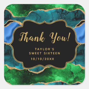 Blue Green Peacock Agate Sweet Sixteen Thank You Square Sticker