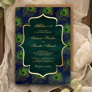 Blue Green Peacock Feathers Muslim Wedding Invitation