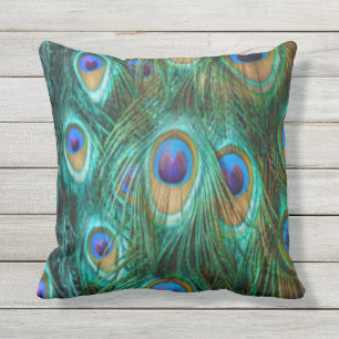 Blue Green Peacock Feathers Outdoor Cushion