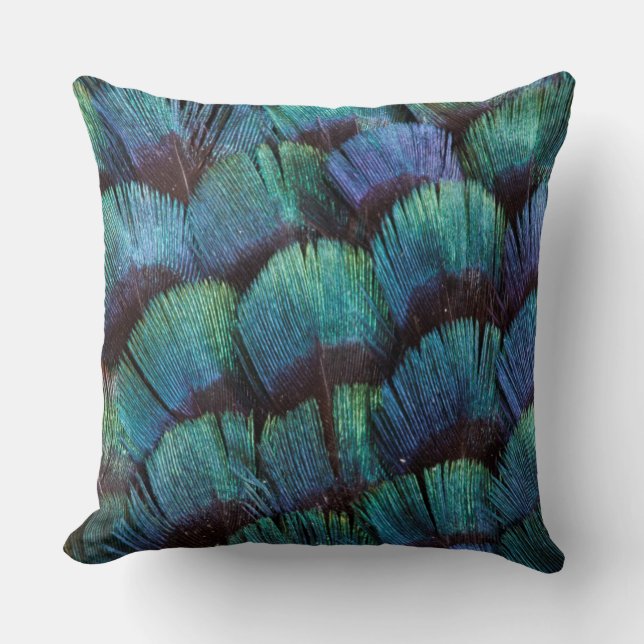 Blue-green pheasant feather design cushion (Front)