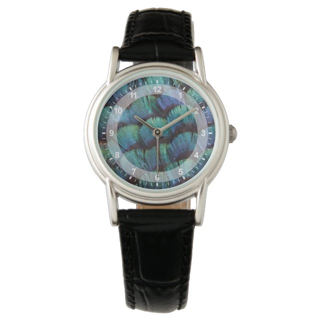 Blue-green pheasant feather design watch (Front)