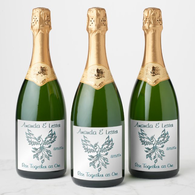 Blue Green Phoenix Rises on Silver Custom Text Sparkling Wine Label (Bottles)