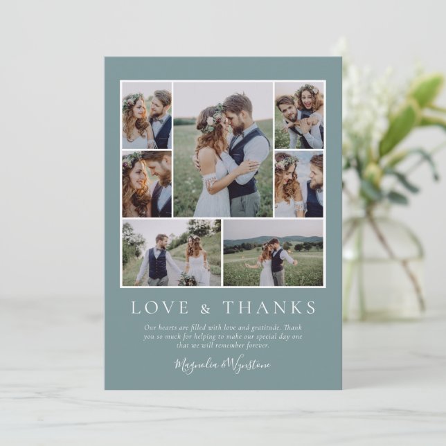 Blue Green  Photo Collage Love and Thanks Wedding Thank You Card (Standing Front)