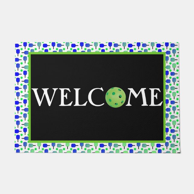 Blue & Green Pickleball Paddles Green Pickleballs Doormat (Front)