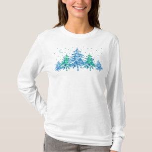 Blue Green Pine Tree Winter Forest Christmas T-Shirt
