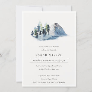 Blue Green Pine Woods Mountain Baby Shower Invite