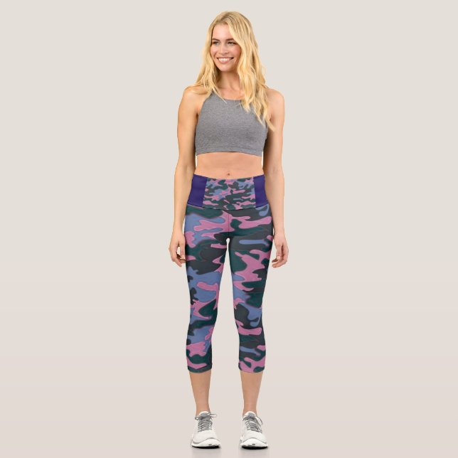 Blue Green Pink Camouflage Pattern  Capri Leggings (Front)
