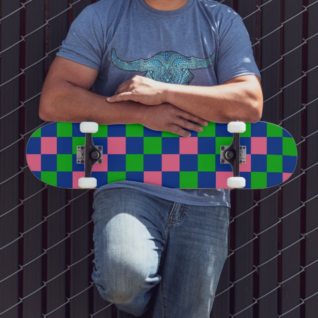 Blue Green Pink Checkered Pattern Design  Skateboard (Outdoor 3)