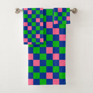 Blue Green Pink Chequered Pattern Design Bath Towel Set