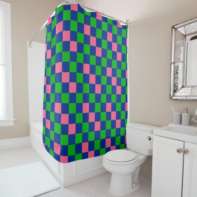 Blue Green Pink Chequered Pattern Design  Shower Curtain (In Situ)