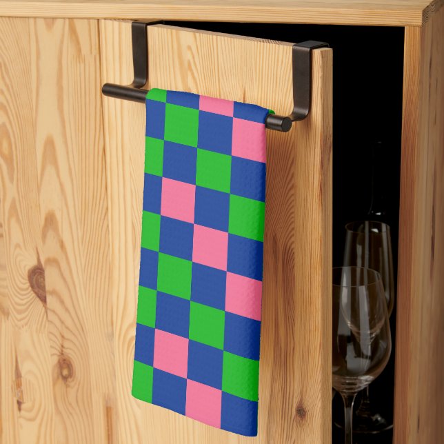 Blue Green Pink Chequered Pattern Design  Tea Towel (Thirds Fold)