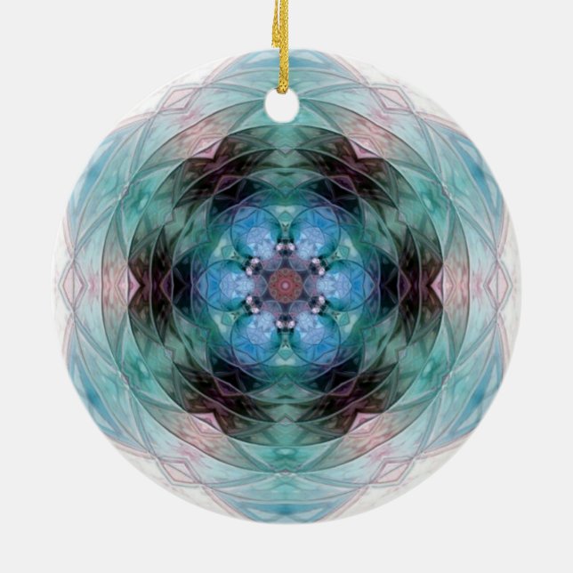 Blue green pink floral star pattern  ceramic ornament (Back)