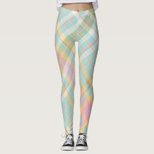 Blue, Green, Pink & Golden Plaid Pattern Leggings