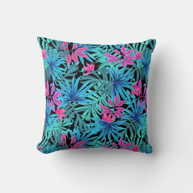 Blue Green Pink Leaves Colourful Tropical Cushion (Front)