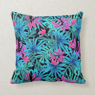 Blue Green Pink Leaves Colourful Tropical Cushion