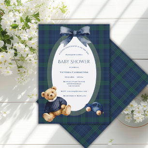 Blue & Green Plaid Gentleman Bear Vintage Baby Invitation