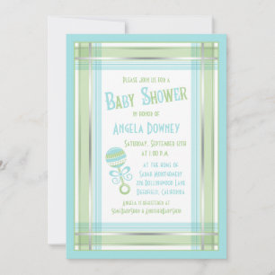 Blue Green Plaid Rattle Baby Shower Invitation