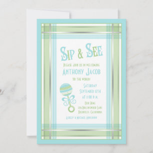 Blue Green Plaid Rattle Baby Shower Sip and See Invitation