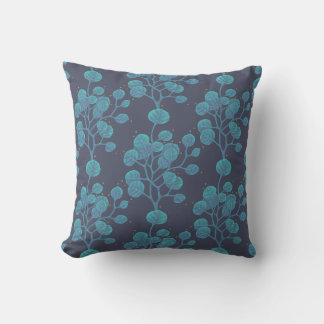 Blue Green Plant Pattern Pen Drawing Throw Pillow