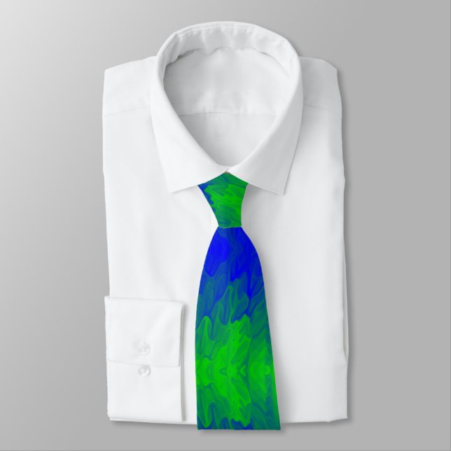 Blue Green plasma ink liquid fluid waves pattern Tie (Tied)