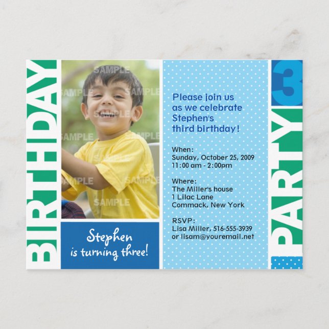 Blue Green Polka Dot 3rd Birthday Invitation (Front)
