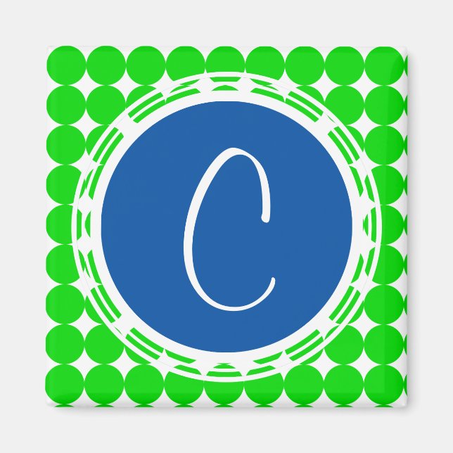 Blue & Green Polka Dot Monogram Magnet (Front)