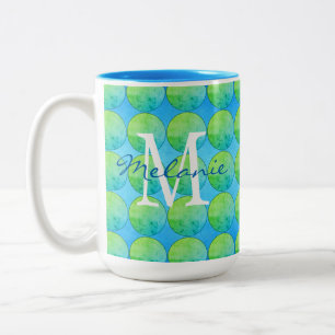 Blue Green Polka Dot Monogram Two-Tone Coffee Mug