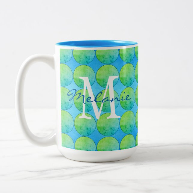Blue Green Polka Dot Monogram Two-Tone Coffee Mug (Left)