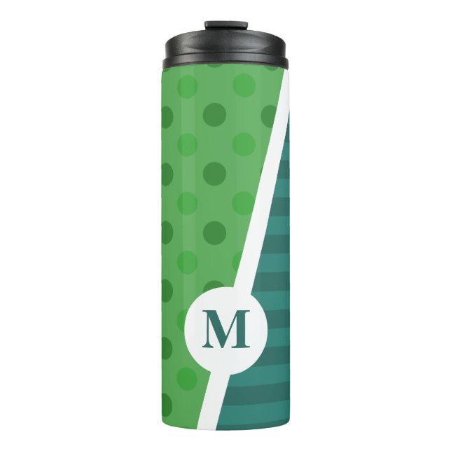 Blue & Green Polka Dots and Stripes: Monogram Thermal Tumbler (Front)