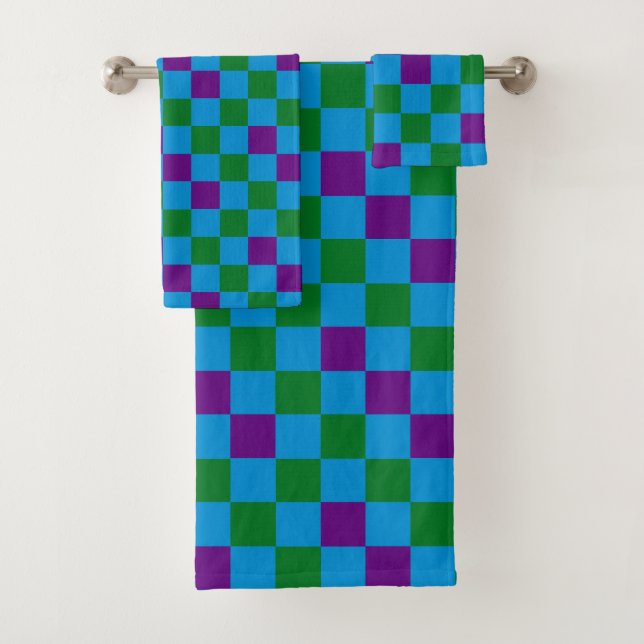 Blue Green Purple Chequered Pattern Design  Bath Towel Set (Insitu)