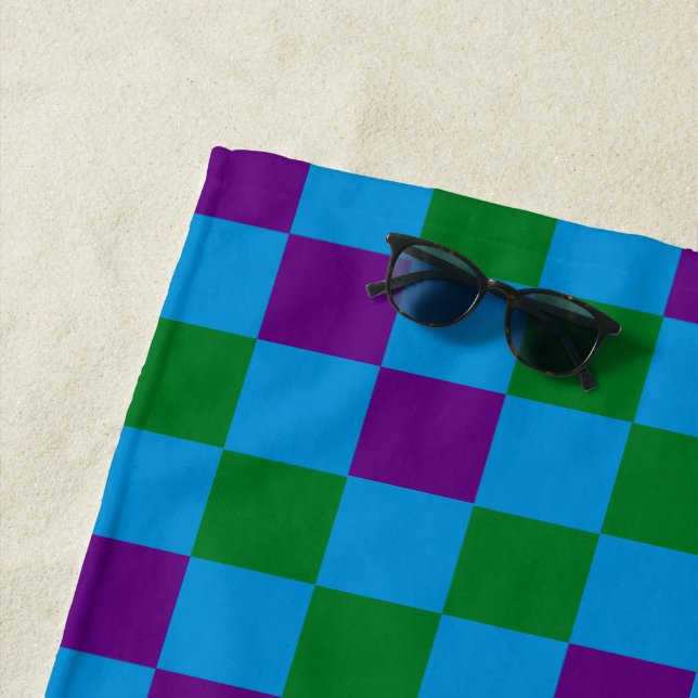 Blue Green Purple Chequered Pattern Design  Beach Towel (In Situ)