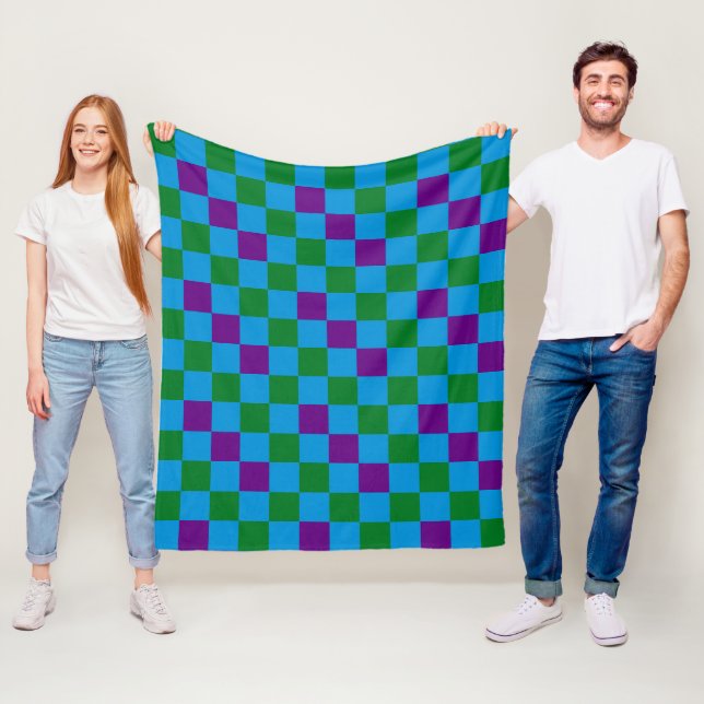 Blue Green Purple Chequered Pattern Design  Fleece Blanket (In Situ)